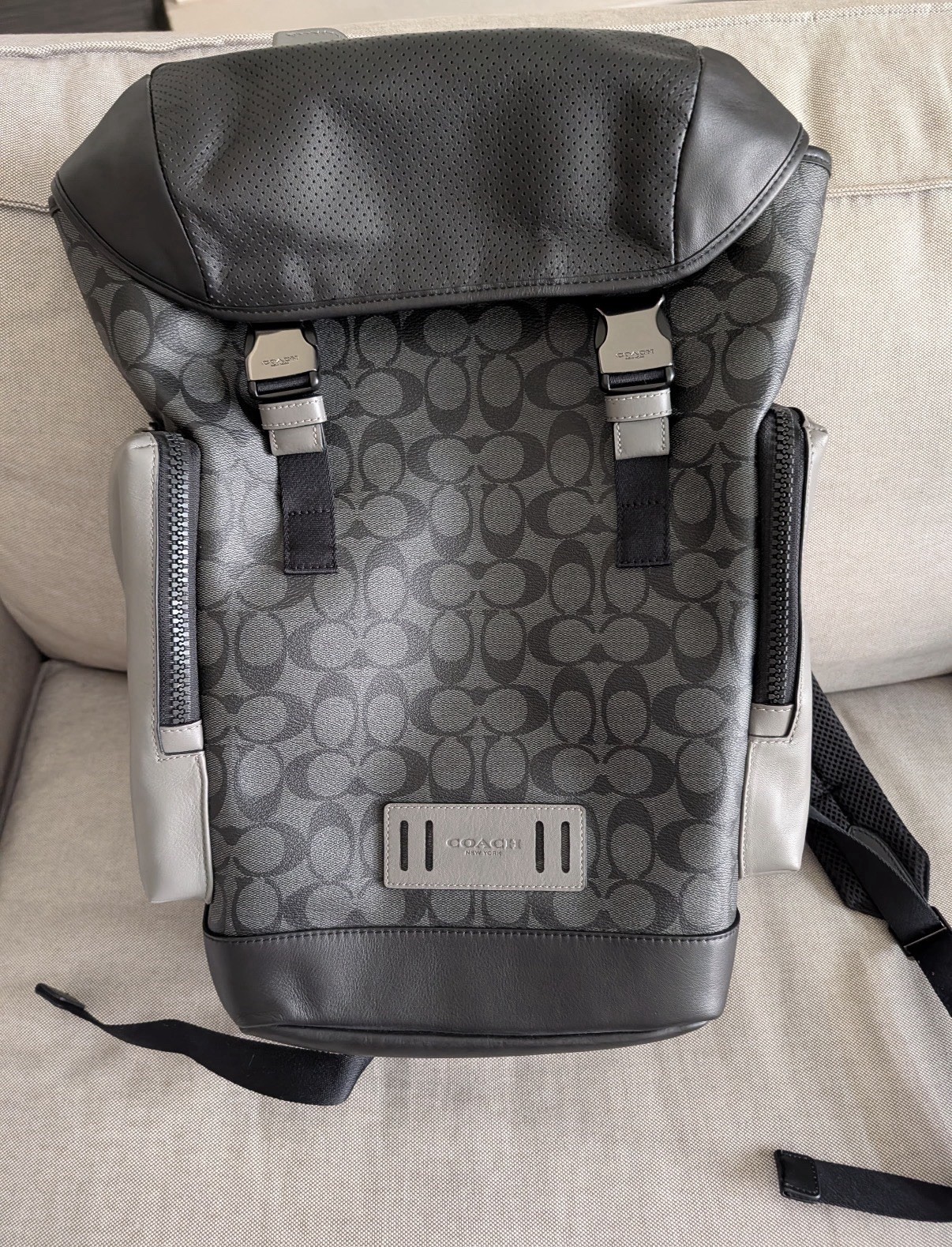 Coach Ranger Monogram Backpack Black/Gray Zip & Buckle, Outer Pockets