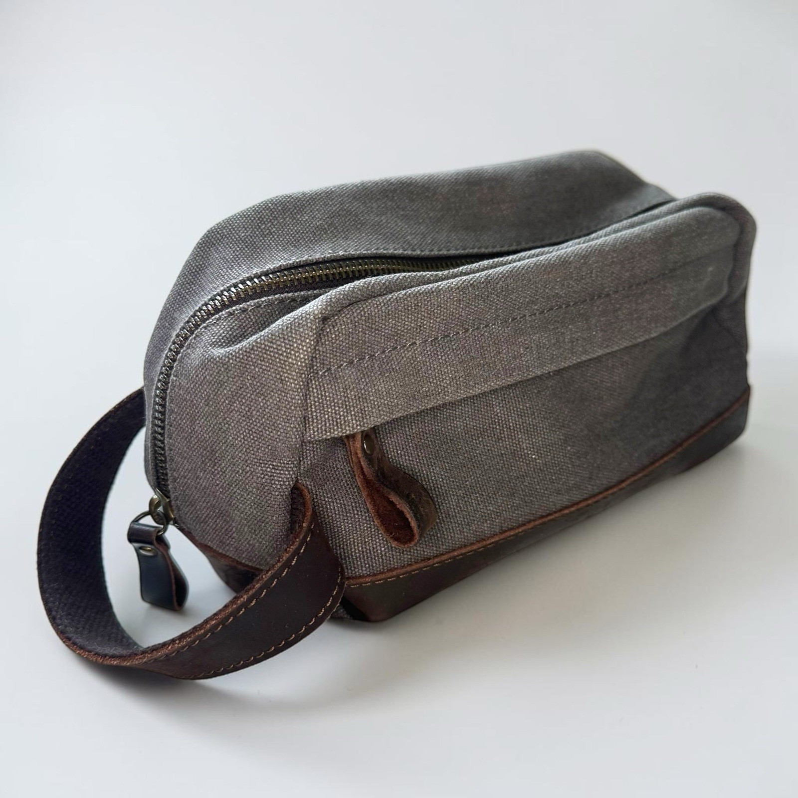 S-Zone Gray Canvas & Leather Toiletry Travel Bag Dopp Kit Hanging Handle