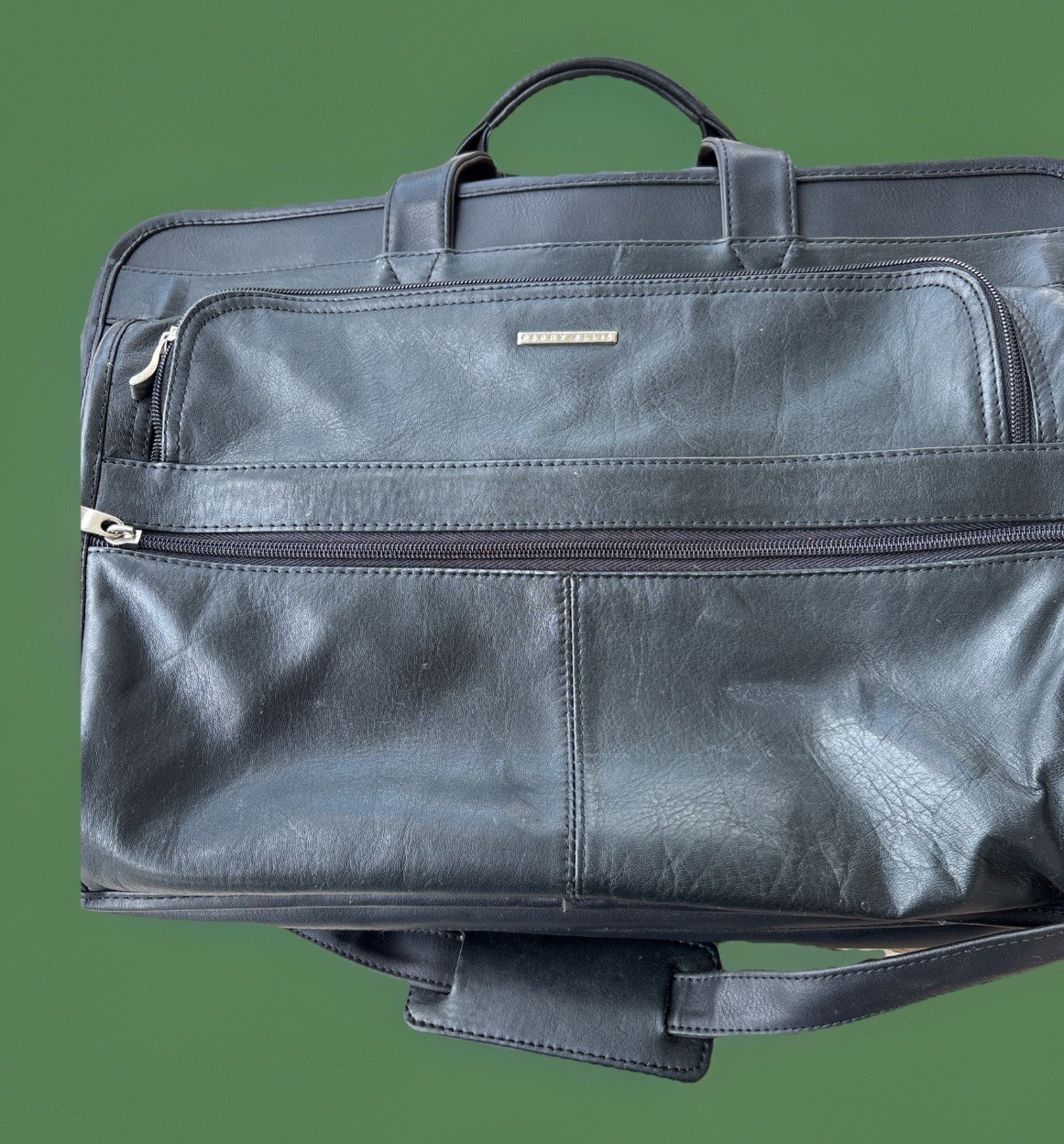 Perry Ellis Black Leather Expandable Briefcase Laptop Bag 16x12x6 Inches