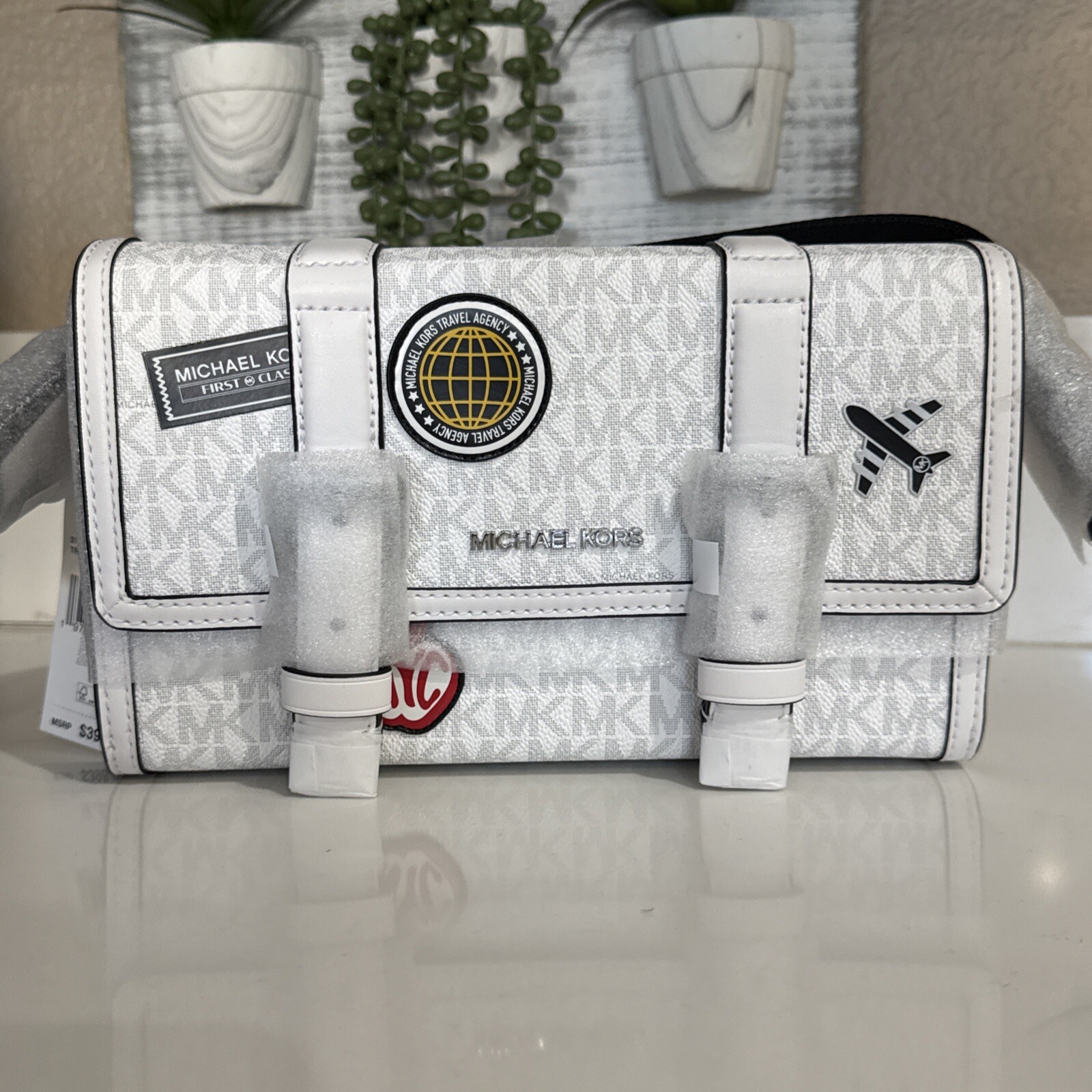 Michael Kors Cooper Embellished Signature Logo Trunk Crossbody Bag – White