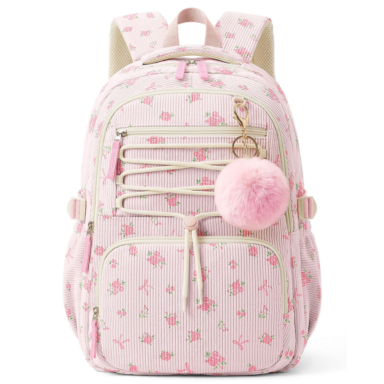 Pink Bow Corduroy Backpack Kids Girls Lightweight 15.6 Inch Laptop Daypack