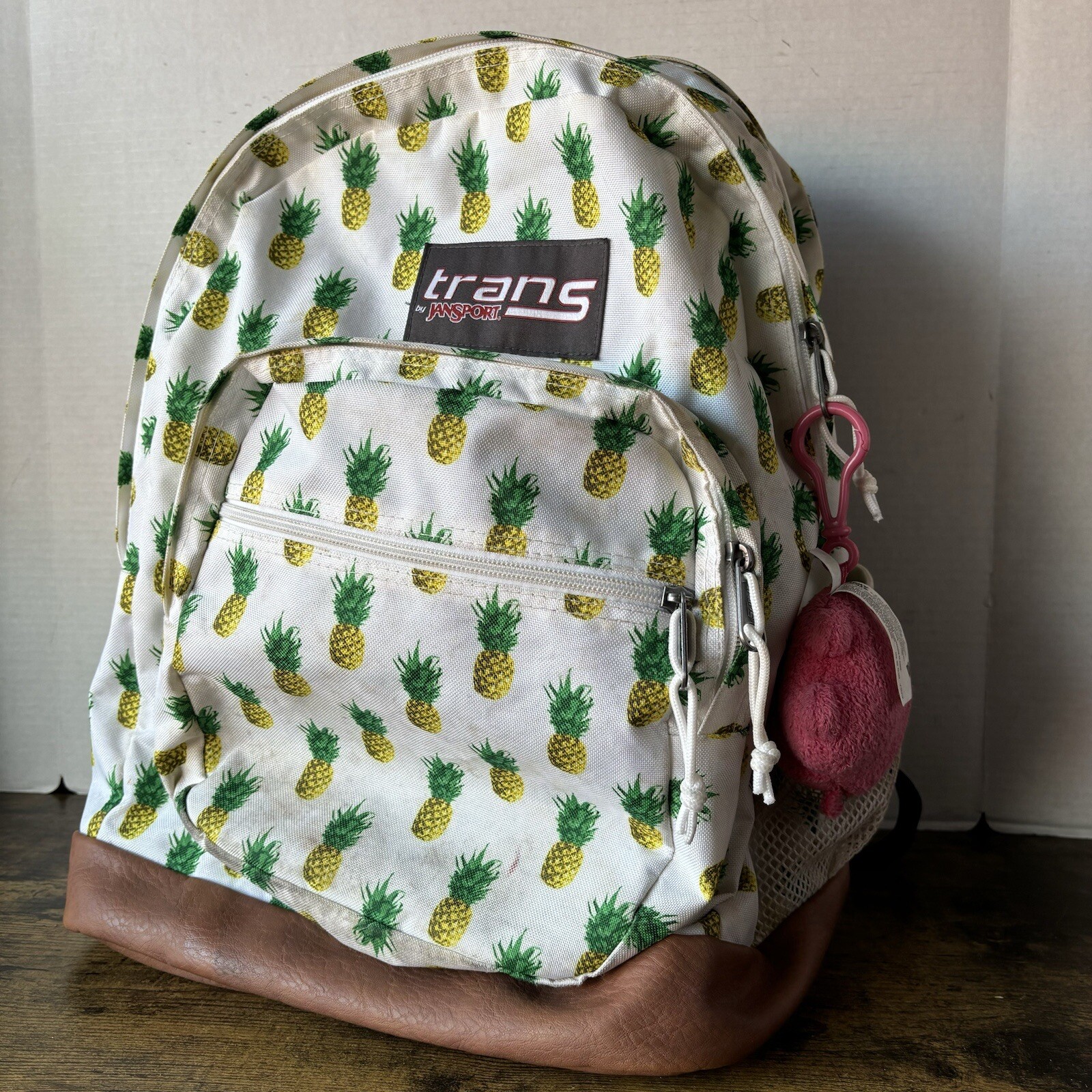 Trans By Jansport Backpack Large Yellow Pineapple Brown Leather Bottom 4 Zippers