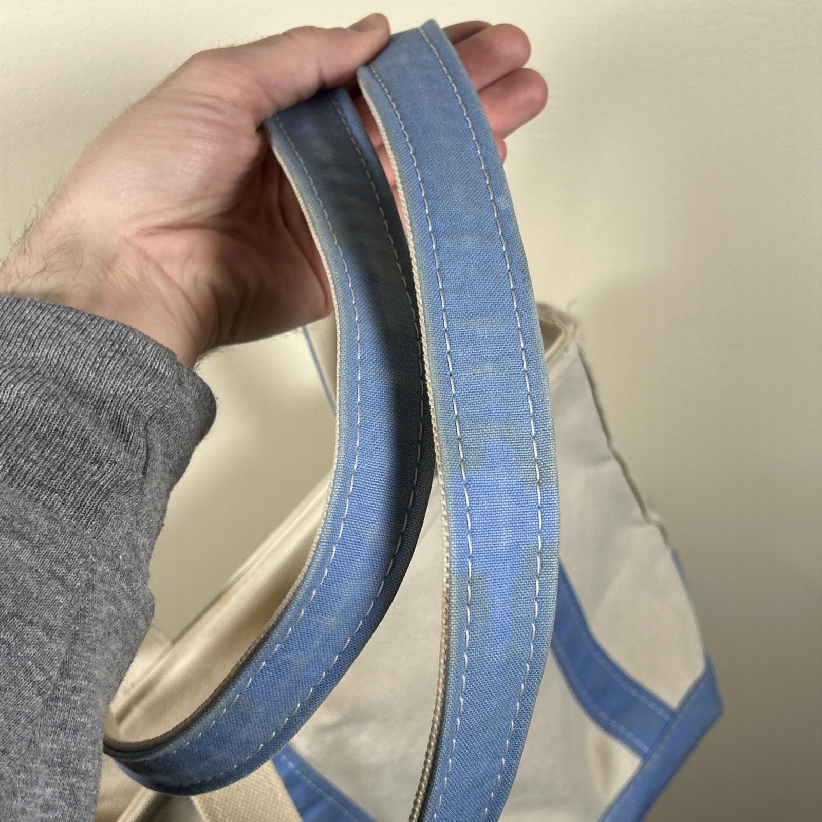 Vintage LL BEAN BOAT & TOTE Canvas Bag Baby Blue Long Handle Zip Top Embroidered