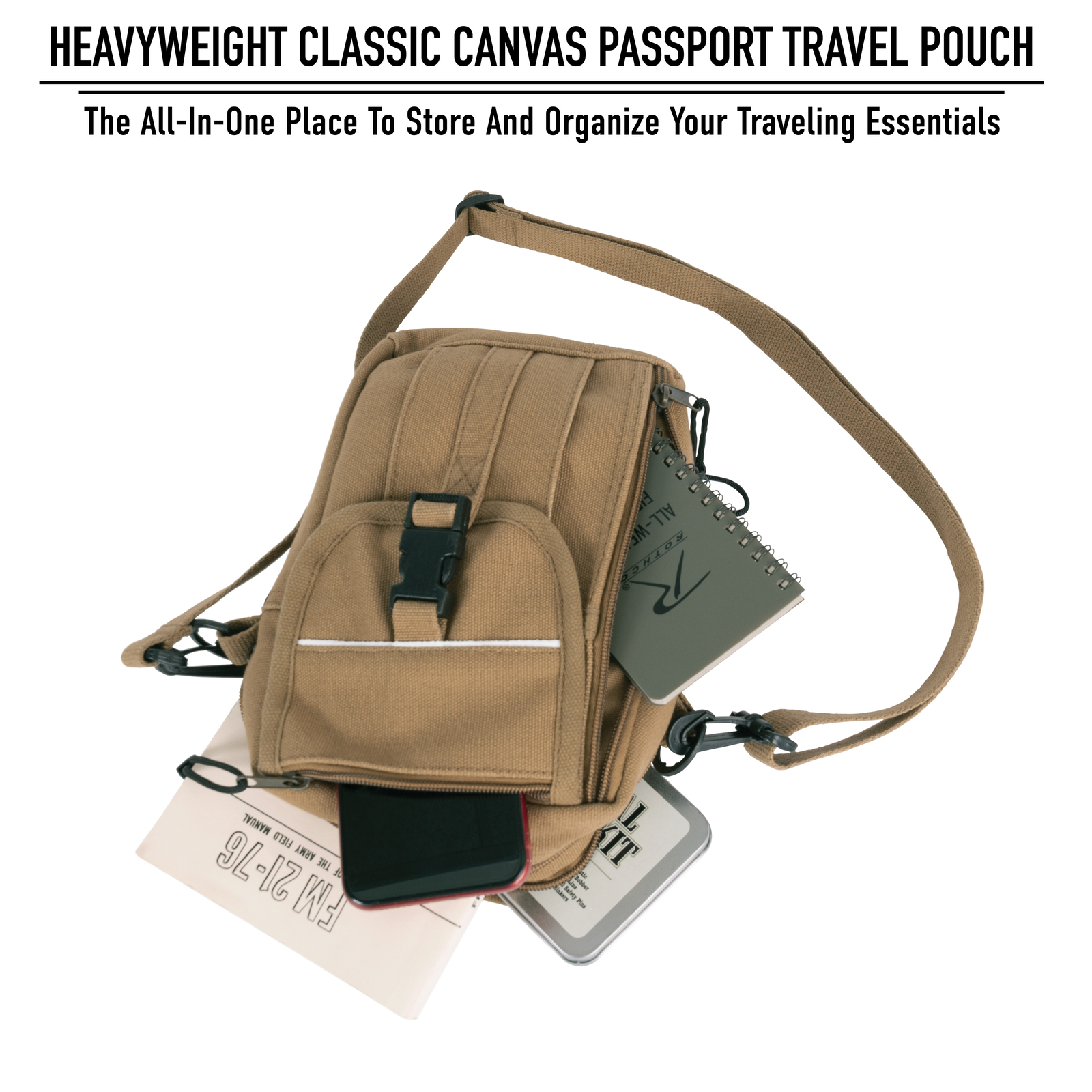 Coyote Brown Heavyweight Canvas Passport Travel Pouch Shoulder Bag 9″x7″x4″