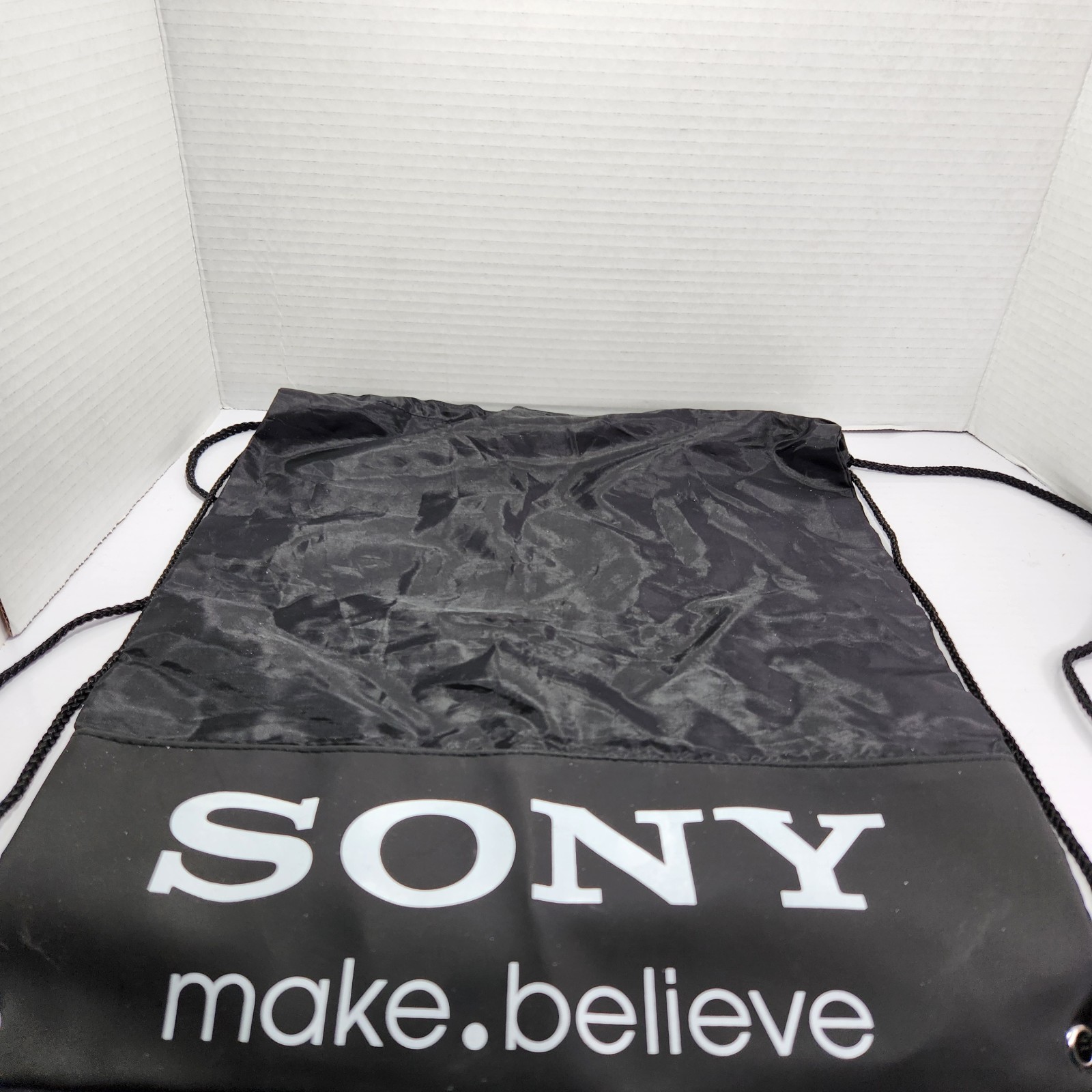 Sony Make Believe Drawstring Backpack Black Nylon Cinch Sack Promotional Bag