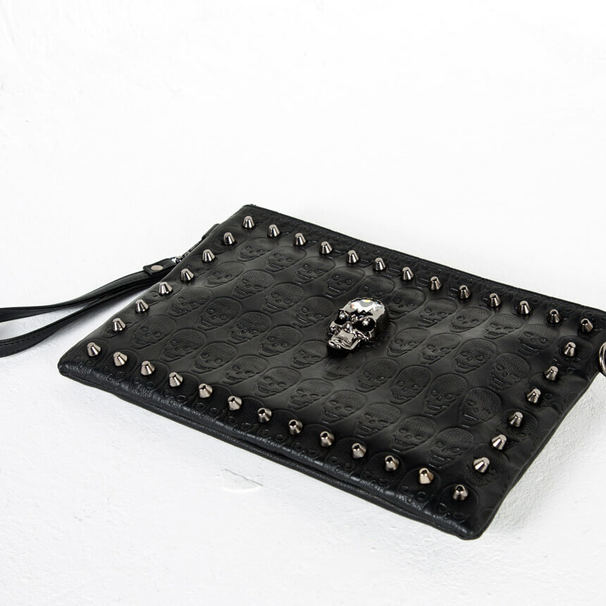 NewStylish Crystal skull studded leather clutch bag