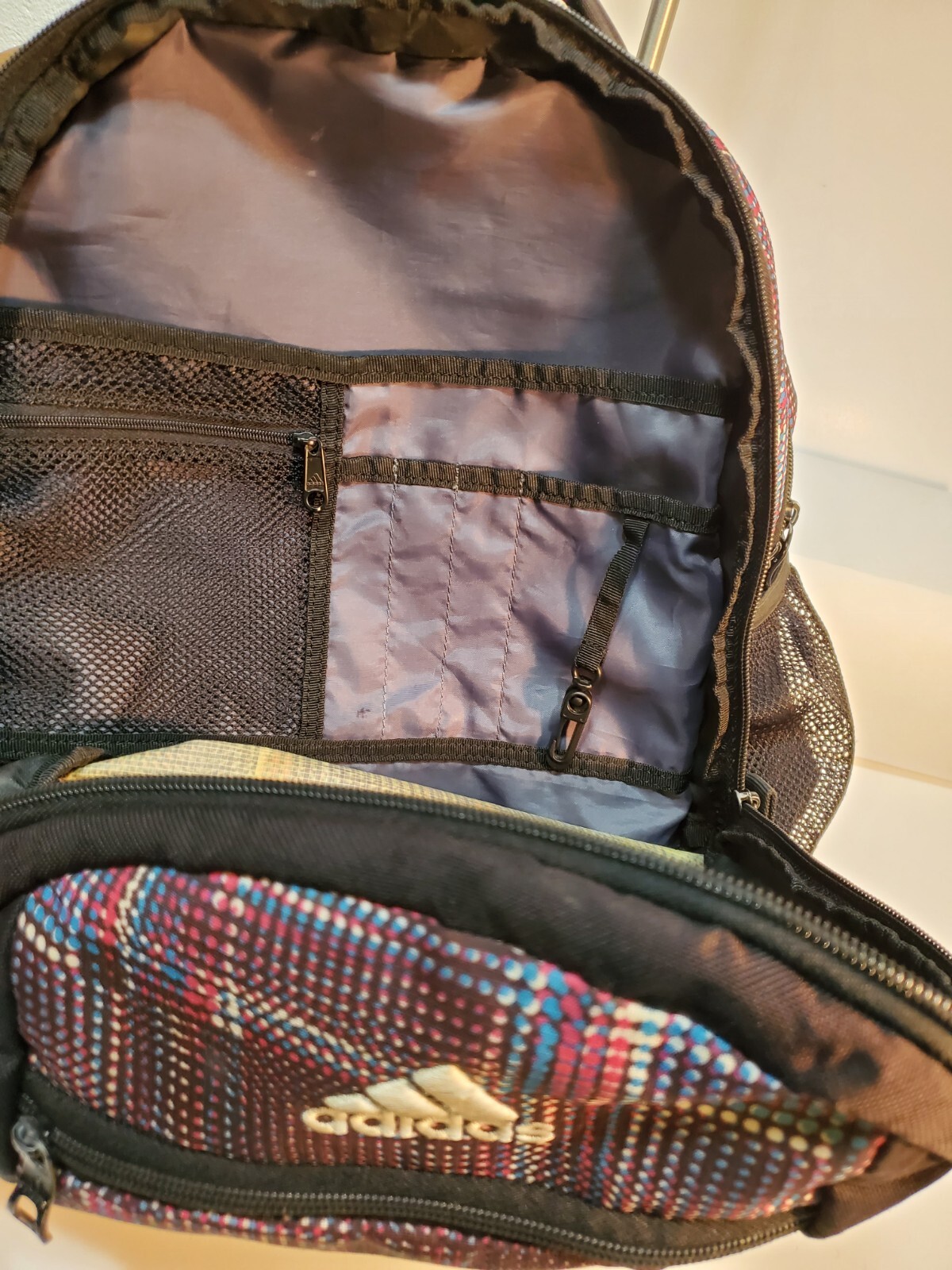Adidas Backpack Black Multicolor Laptop Sleeve Load Spring Straps Mesh EUC