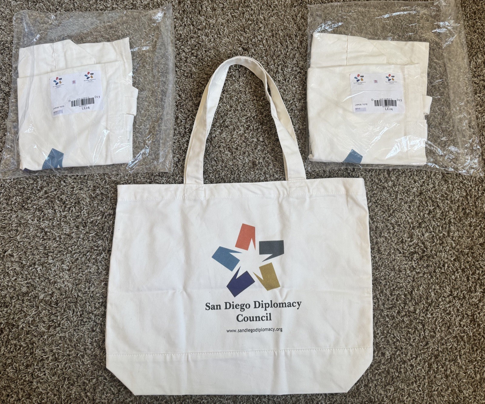 3 NEW Canvas 100% Cotton Graphic Large Tote Bags 18.5” x 14.5”