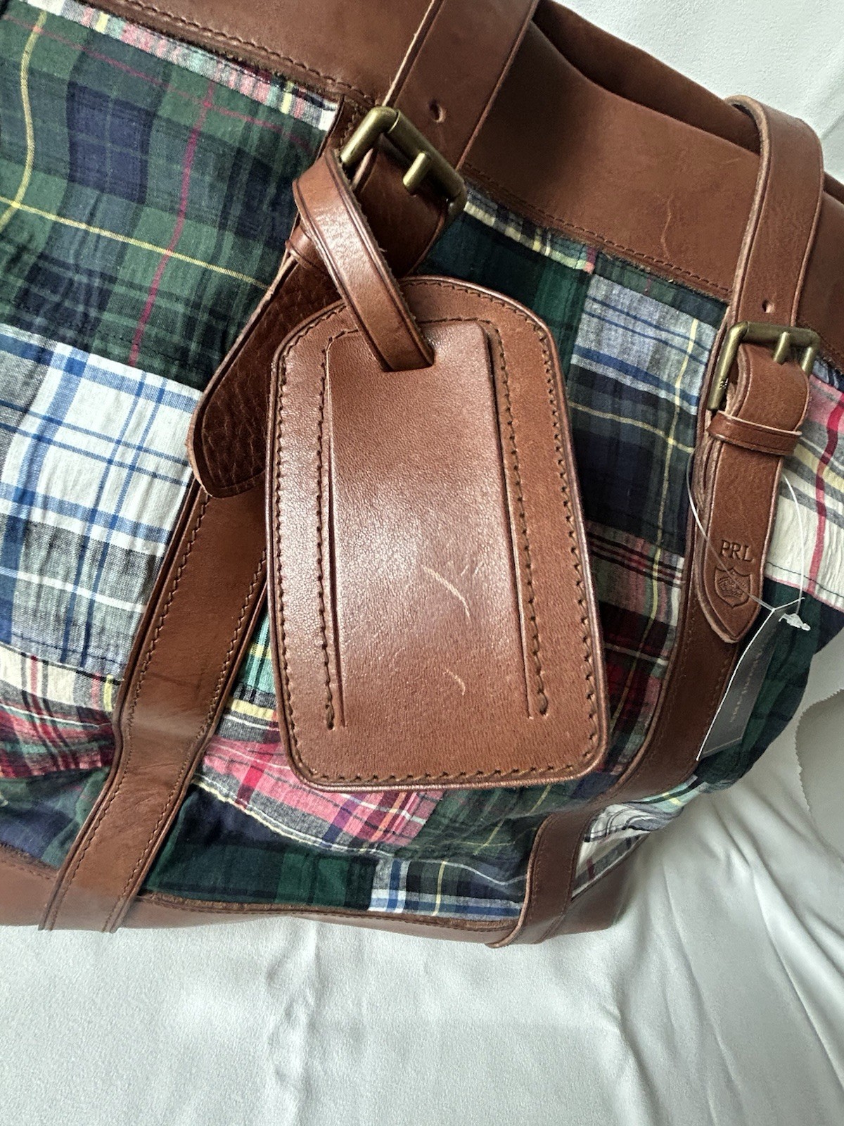 Ralph Lauren Plaid Fabric And Brown Leather Tote Bag New With Tag