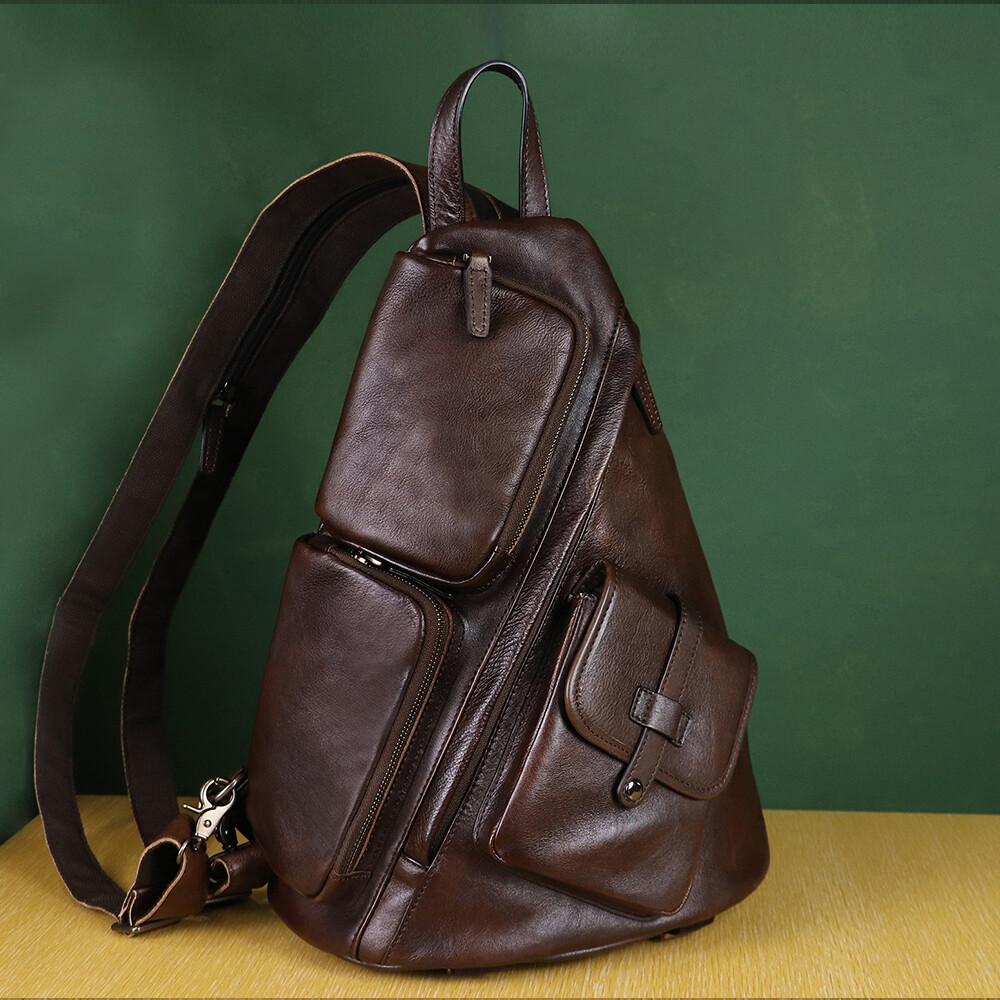 Genuine Leather Men Large Sling Bag Crossbody Bag Real Leather Backpack Purses