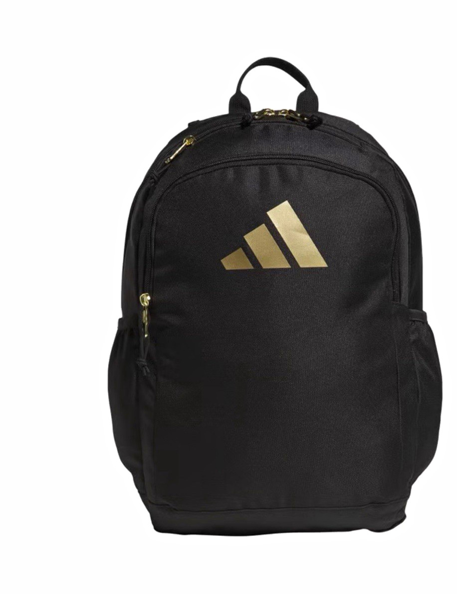adidas Black Backpack Gold Logo Zip Closure Bottle Pocket Pockets Large