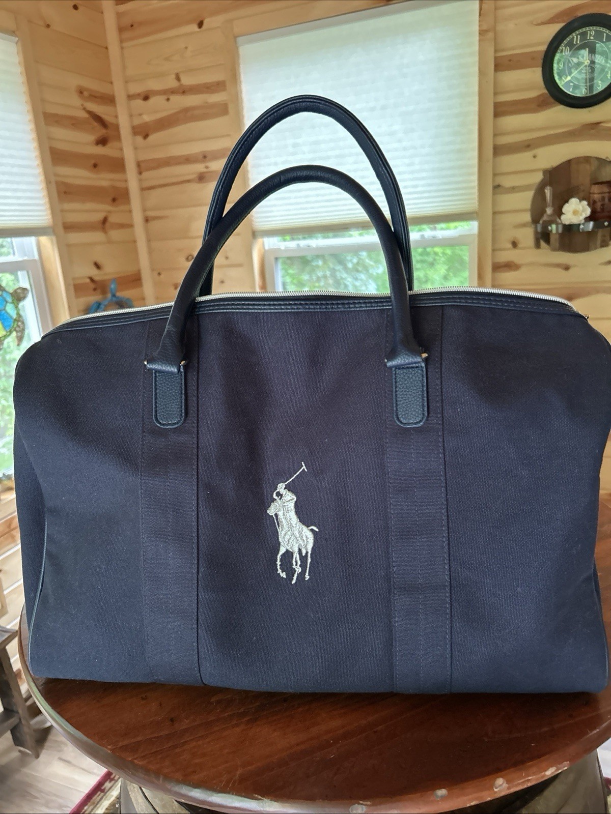 Ralph Lauren Navy Blue Duffle Bag Zip Closure Leather Double Handles Men