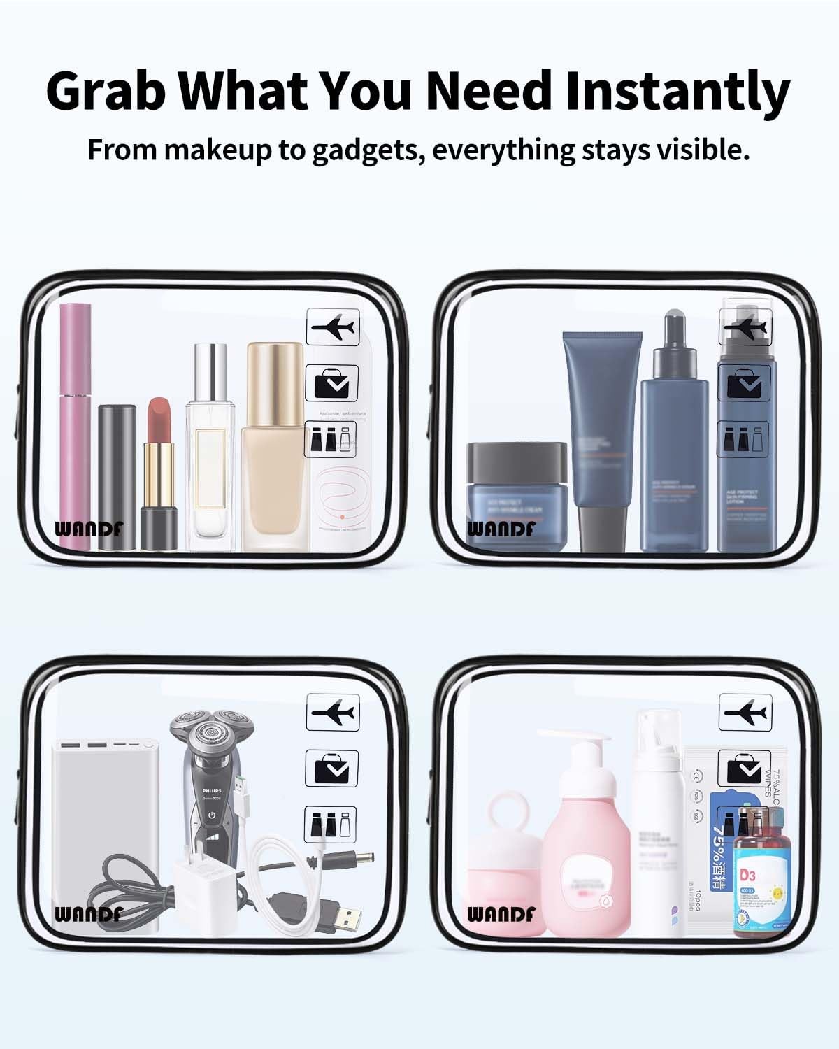TSA Approved Clear Travel Toiletry Bag wih Zippers Pack of 4, Black 4
