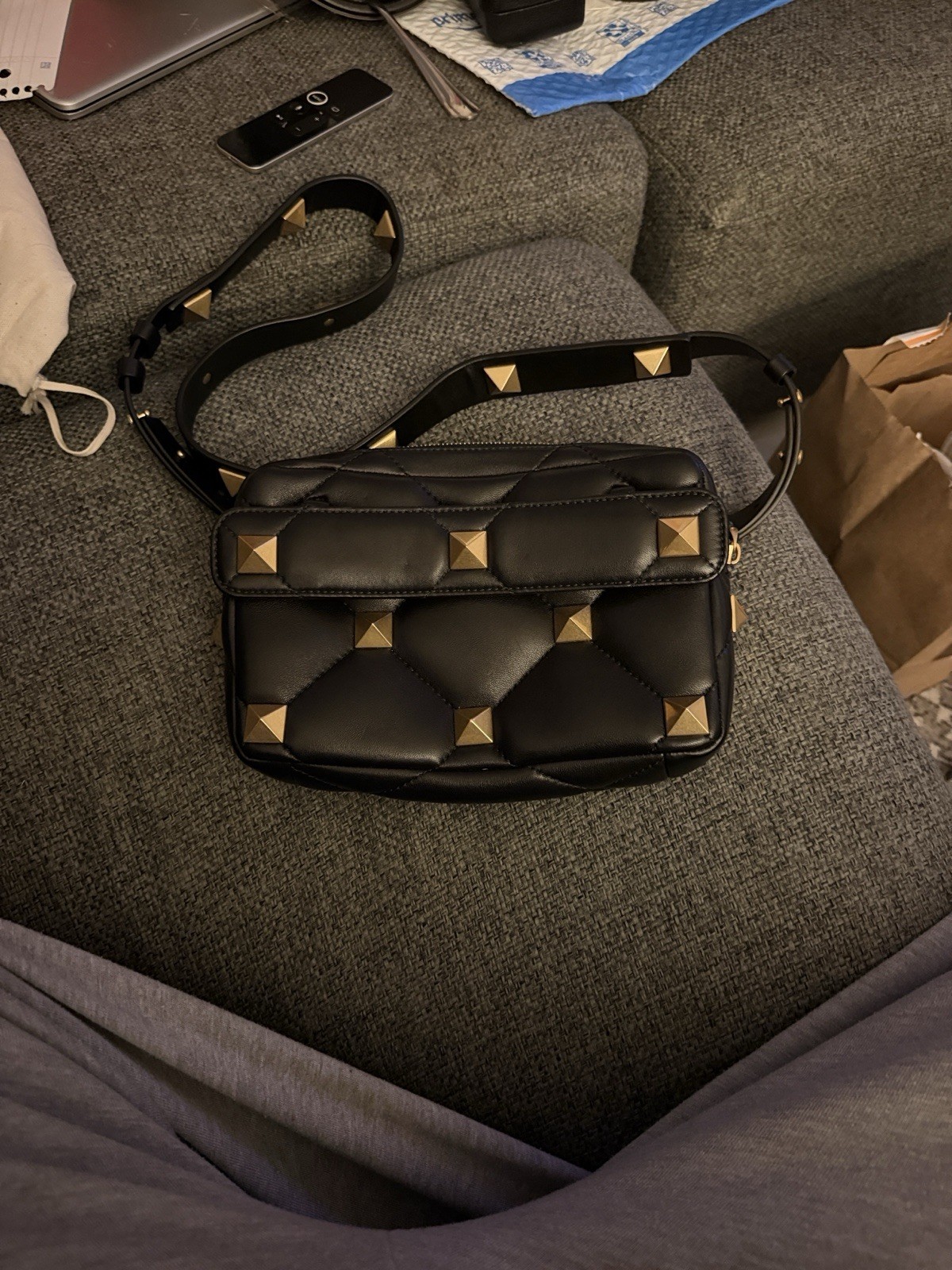 Valentino Rockstud Quilted Black Shoulder Bag Gold Studded Designer Zip