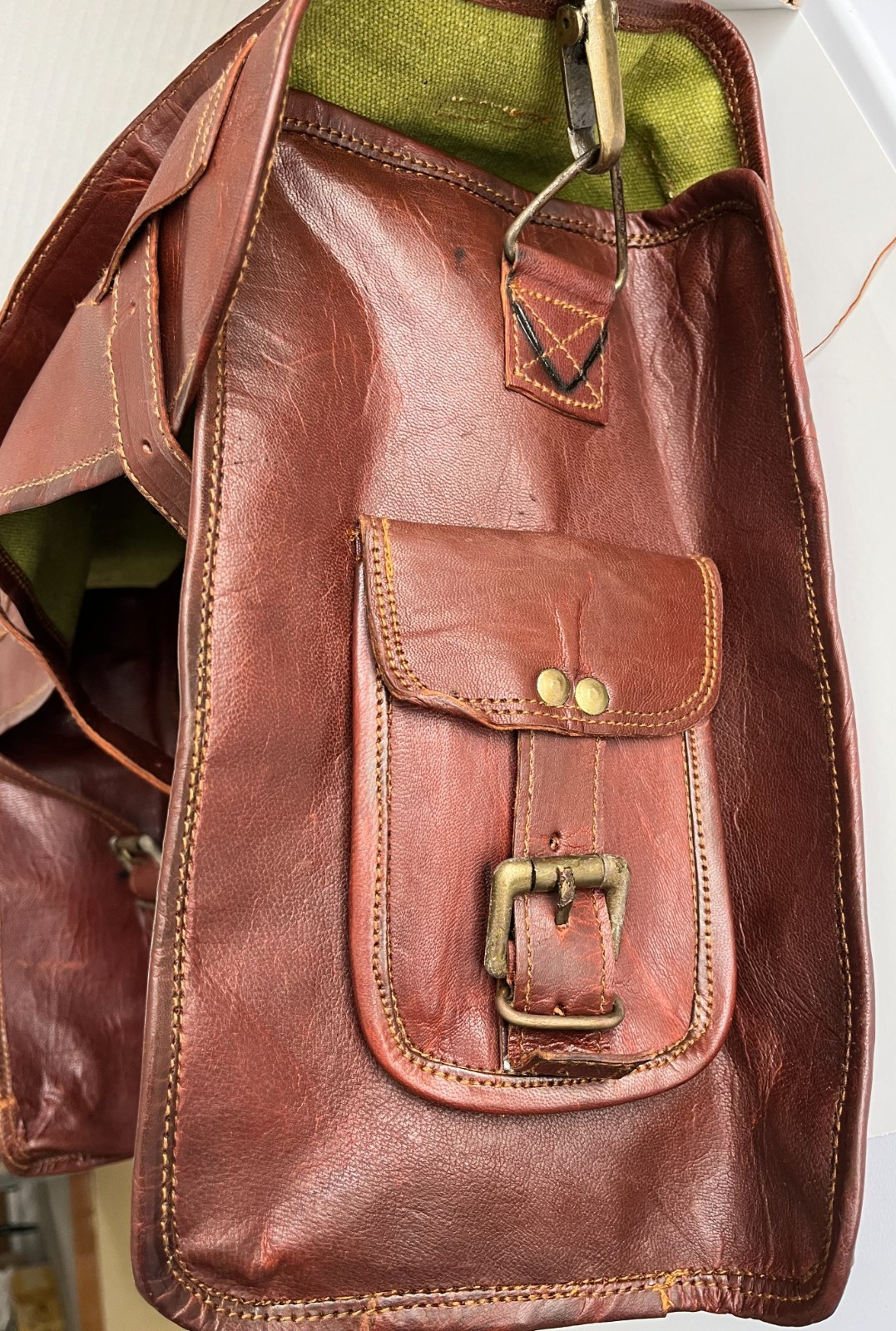 Large Brown Leather Messenger Bag with Buckled Pockets & Zip Top, Made in India
