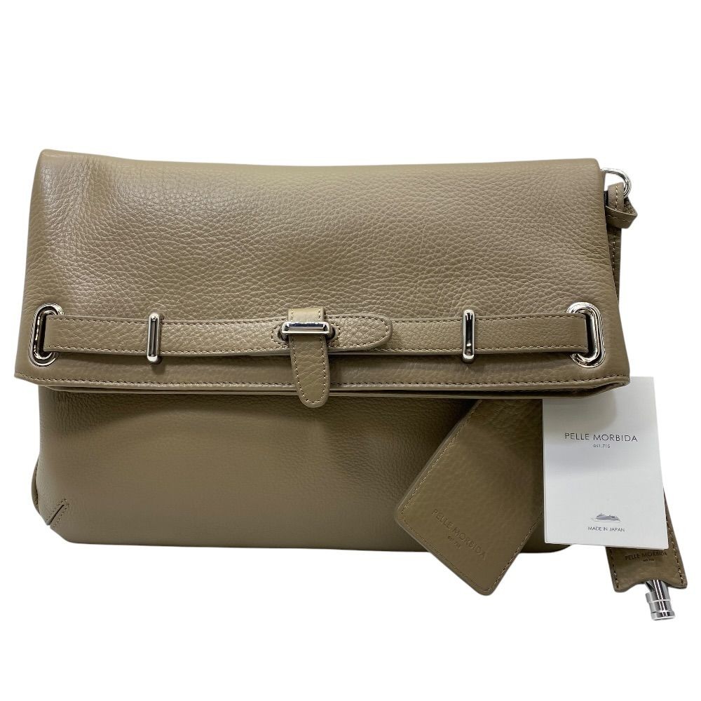 PELLE MORBIDA Maiden Voyage 2WAY Clutch Shoulder Bag Gray Beige Leather New