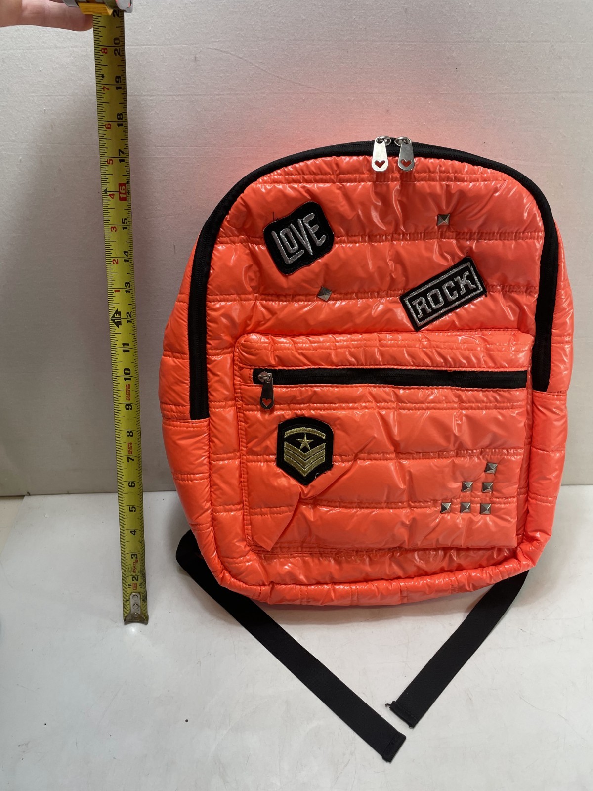 Triple Gear Quilted Backpack Orange Lightweight Synthetic Fabric Love Rock Patch