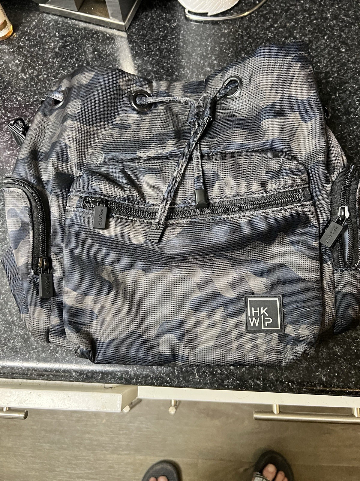 HKWP Gray/Black Camo Drawstring Duffel Bag Zip Pockets Adjustable Strap
