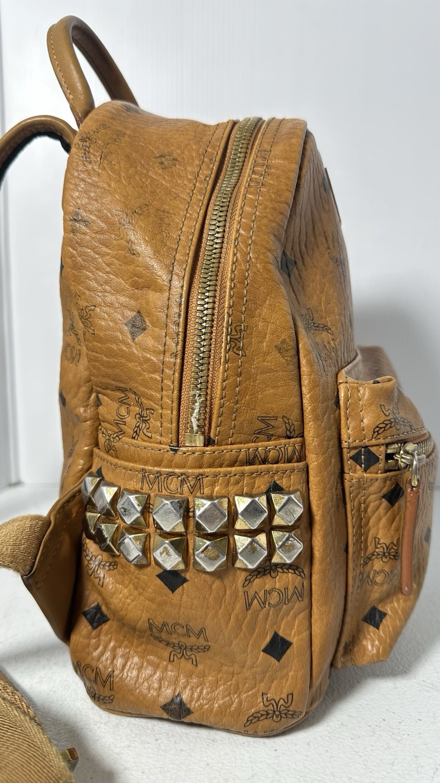 MCM Visetos Side Studs Small Backpack Camel Brown Leather Logo Studded Bag