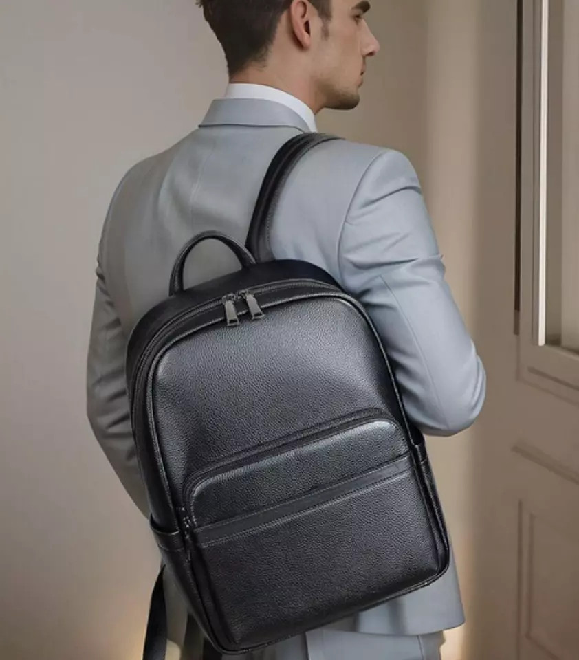 “Men’s Genuine Leather Backpack Business School Laptop Waterproof Travel Bag”