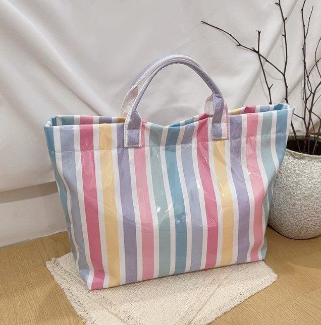 Womens Striped PVC Tote Bag Large Capacity Glossy Shopper Handbag Commuter