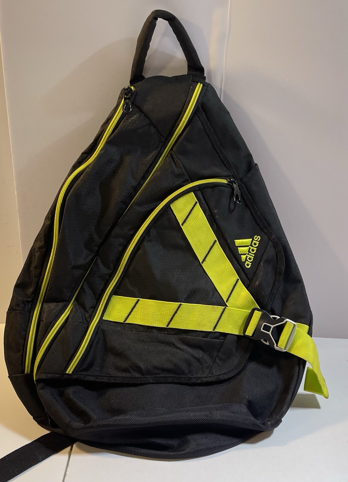 Adidas Sling Backpack Black Safety Green Crossbody 3 Pocket Shoulder Strap 16×20