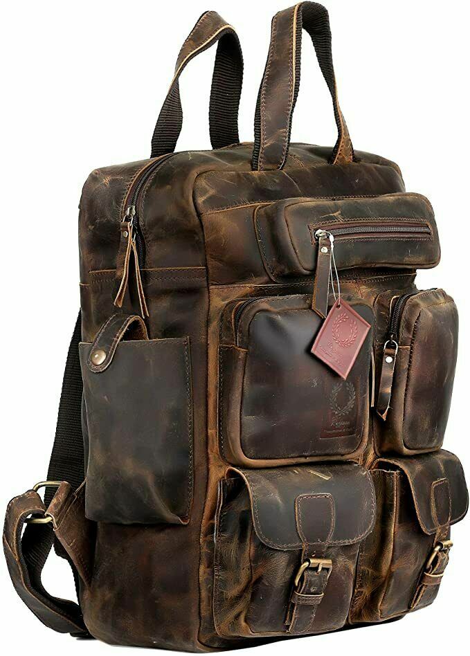 Vintage Buffalo Leather Multi Pockets Backpack Travel Bag for Men&Women