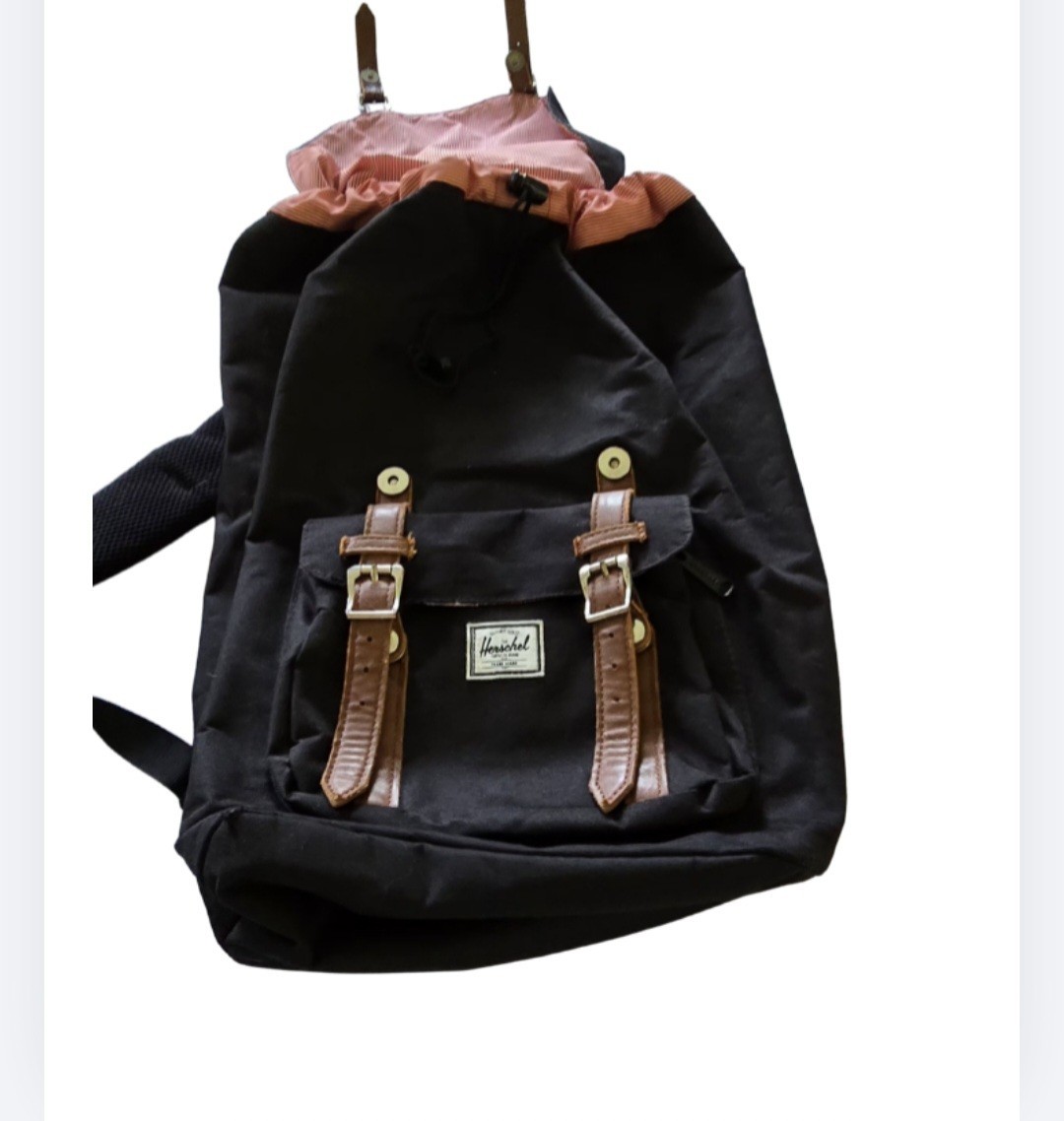 Herschel Backpack Black, Brown Straps, Red/White Striped Interior Large Flap Bag