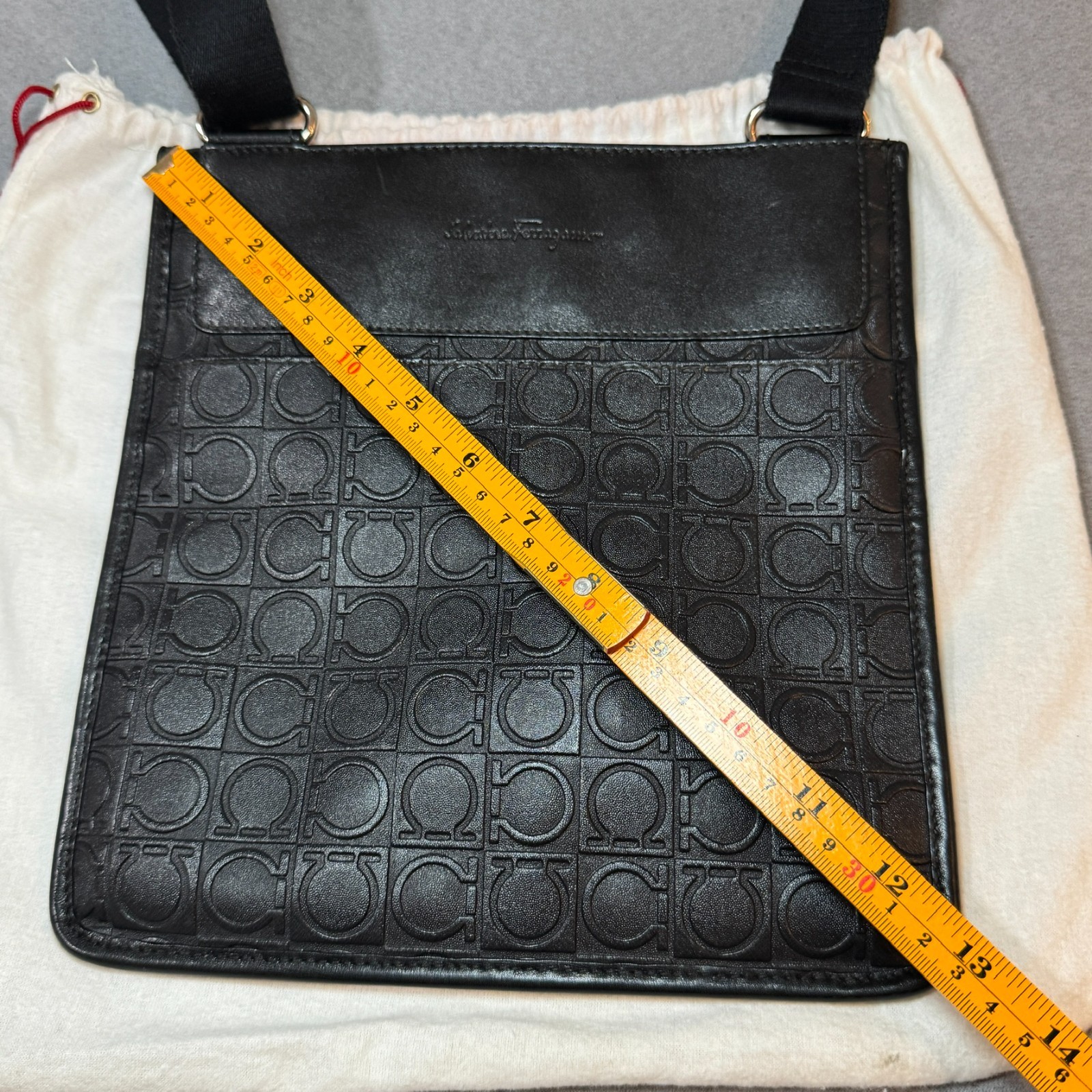 Salvatore Ferragamo Embossed Gancini Leather Crossbody Bag – Black Made in Italy