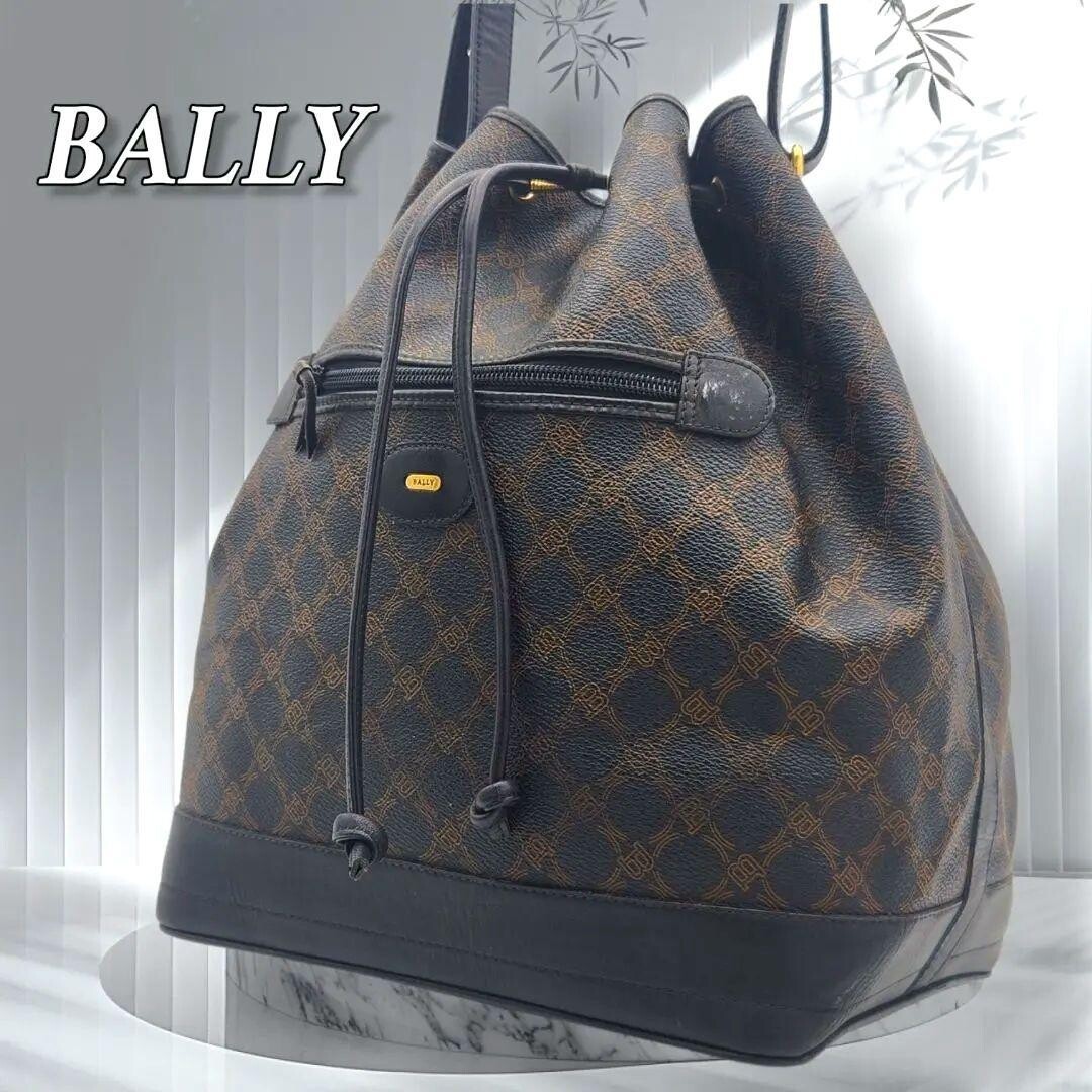 Bally Monogram Drawstring Backpack 2Way Black PVC Leather Gold Tone 2 Zipper Bag