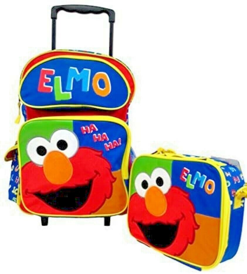 Sesame Street Elmo 16″ ROLLING Checkered Backpack&Matching Elmo Lunch Bag! New!