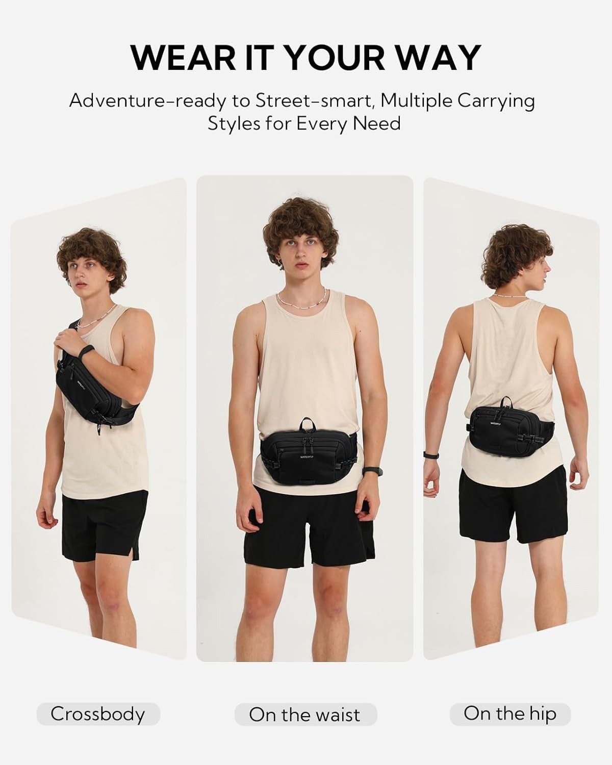 WATERFLY 3L Large Fanny Pack, 180° Opening Hip Pouch with Multi-Pockets, Anti-Th