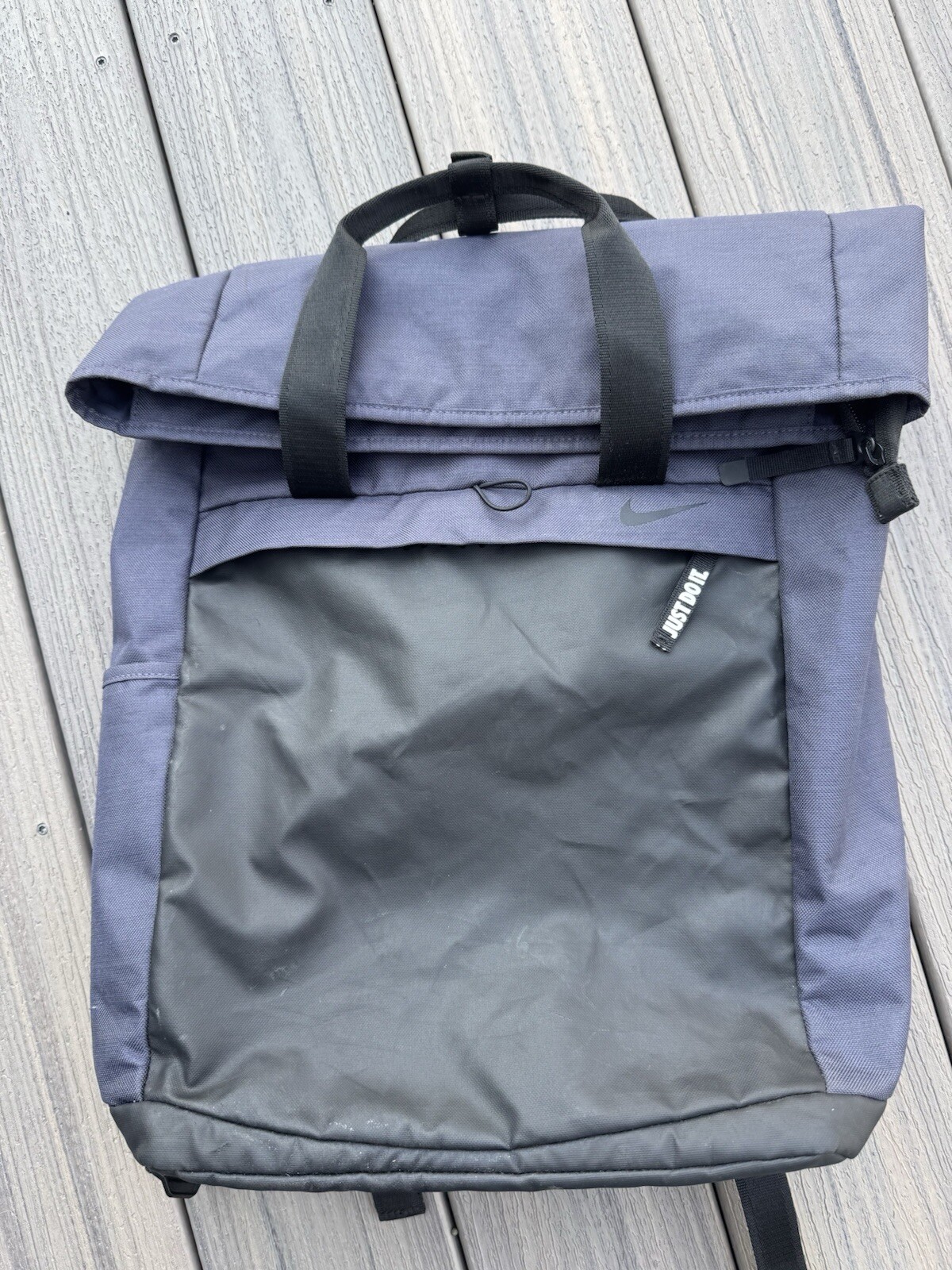 Nike Fold Over Top Zip Up Backpack Gym Bag Navy Blue Just Do It JDI