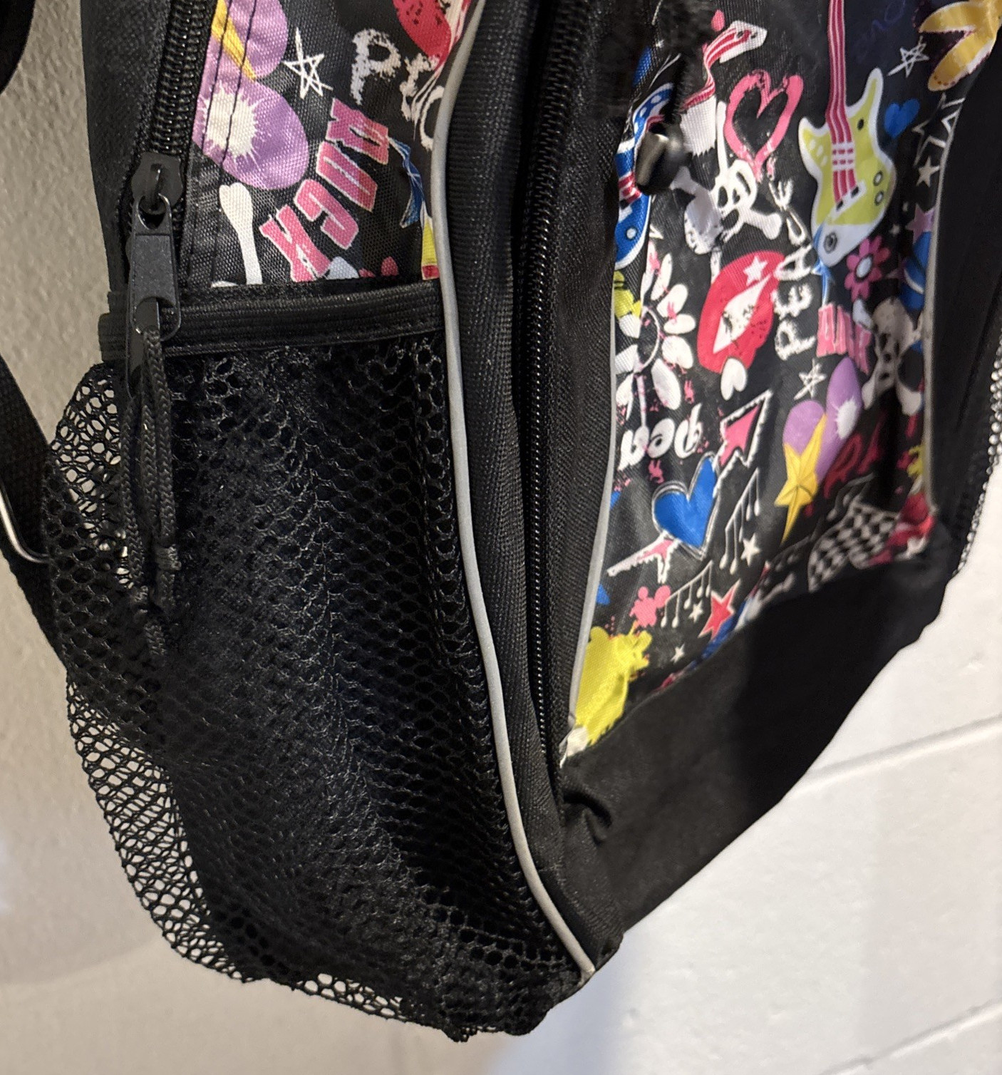 Y Sport Backpack Bag Black Music Theme Side Pockets Top Handle Retro School