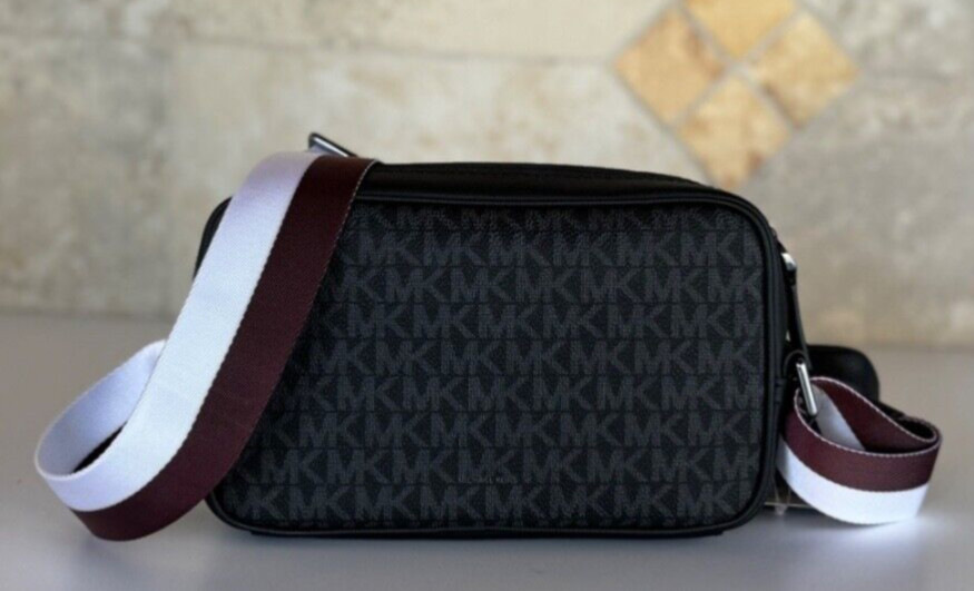 MICHAEL KORS RIVINGTON STRIPED CROSSBODY CAMERA BAG WITH POUCH OXBLOOD