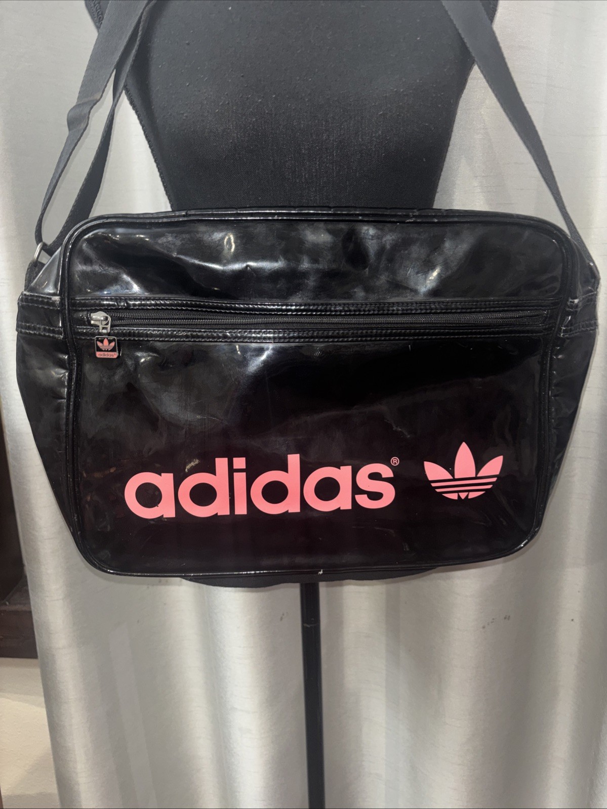Adidas VTG Classic Y2K Black Patent Leather Pink Letters Airline Messenger Bag