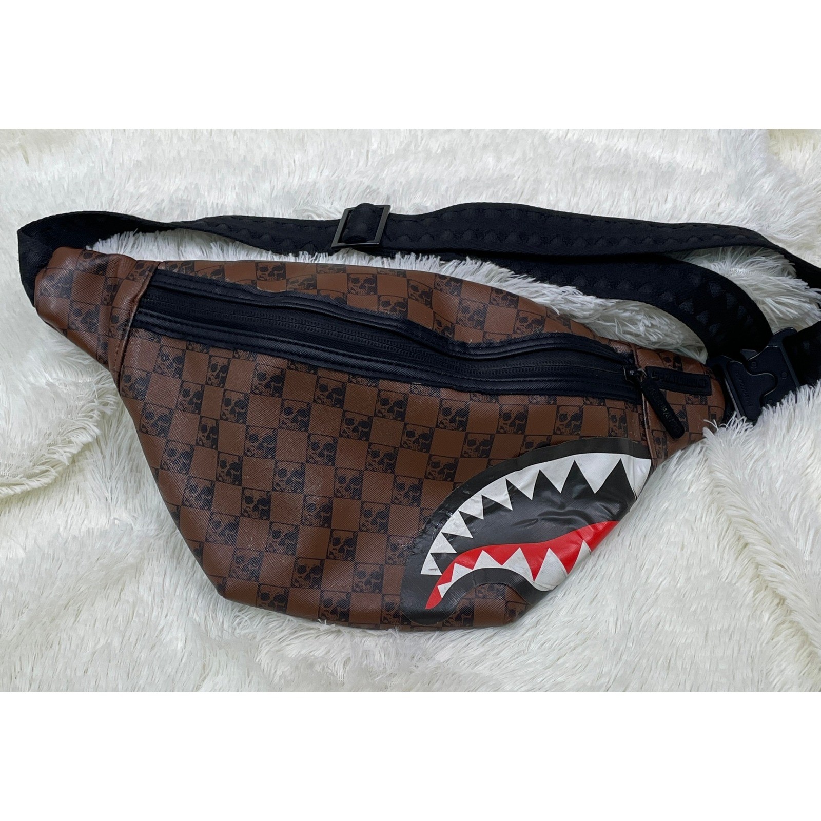 Sprayground Fanny Pack Mens OS Brown Good Shark Mouth Skull Checkered Waist Bag