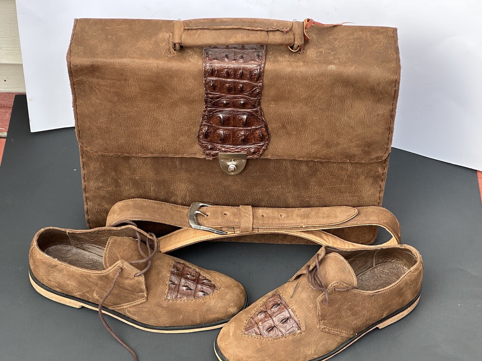 This Set; Suede Oil Tan , Brown Color Tone Men Briefcase, Belt And Shoes