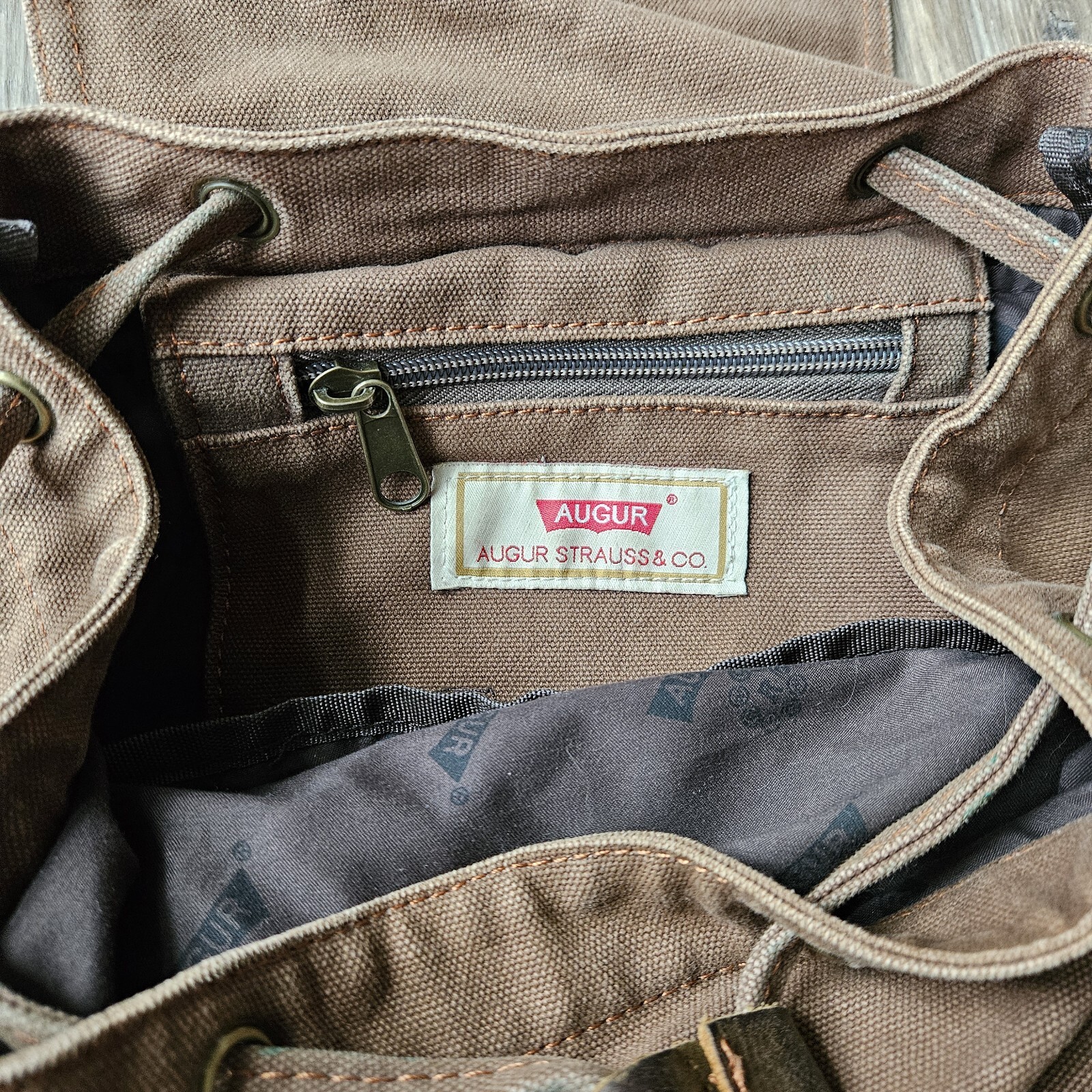 Augur Strauss & Co Brown Canvas Leather Strap Backpack Laptop