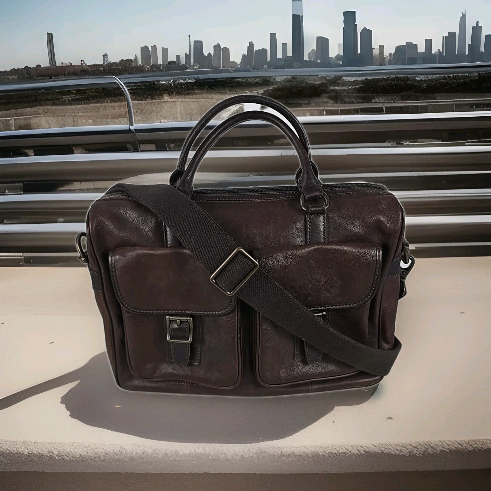 Vintage Fossil Mens Brown Leather Soft Side Travel Briefcase Messenger Bag