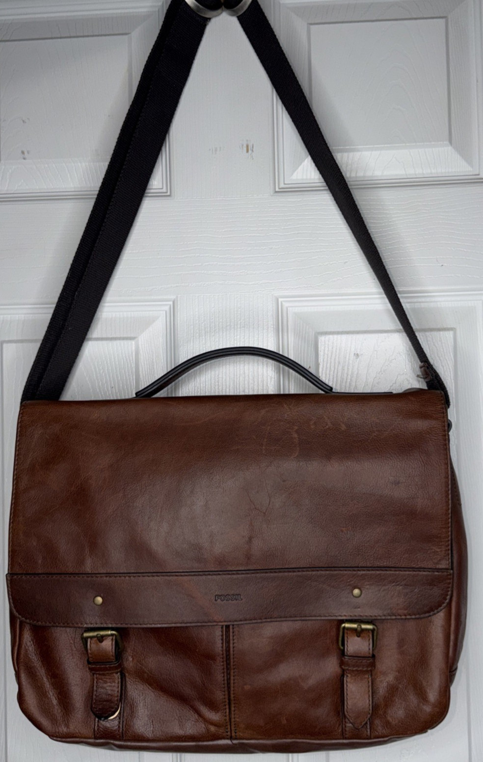 Vtg 90s Fossil Brown Cow Hide Leather Miles Messenger Bag Satchel Crossbody