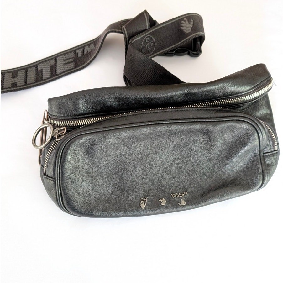 Off-White Logo Print Belt Black Leather Italy Bag