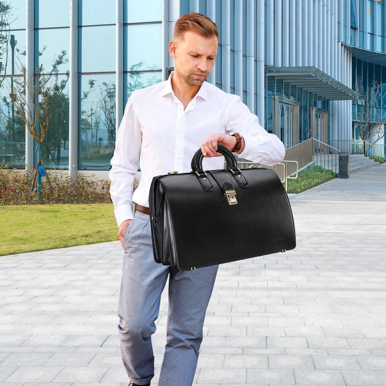Leather Briefcase Men W/ Lock Lawyer / Doctor Bag 15.6 in Laptop 3 Compartments