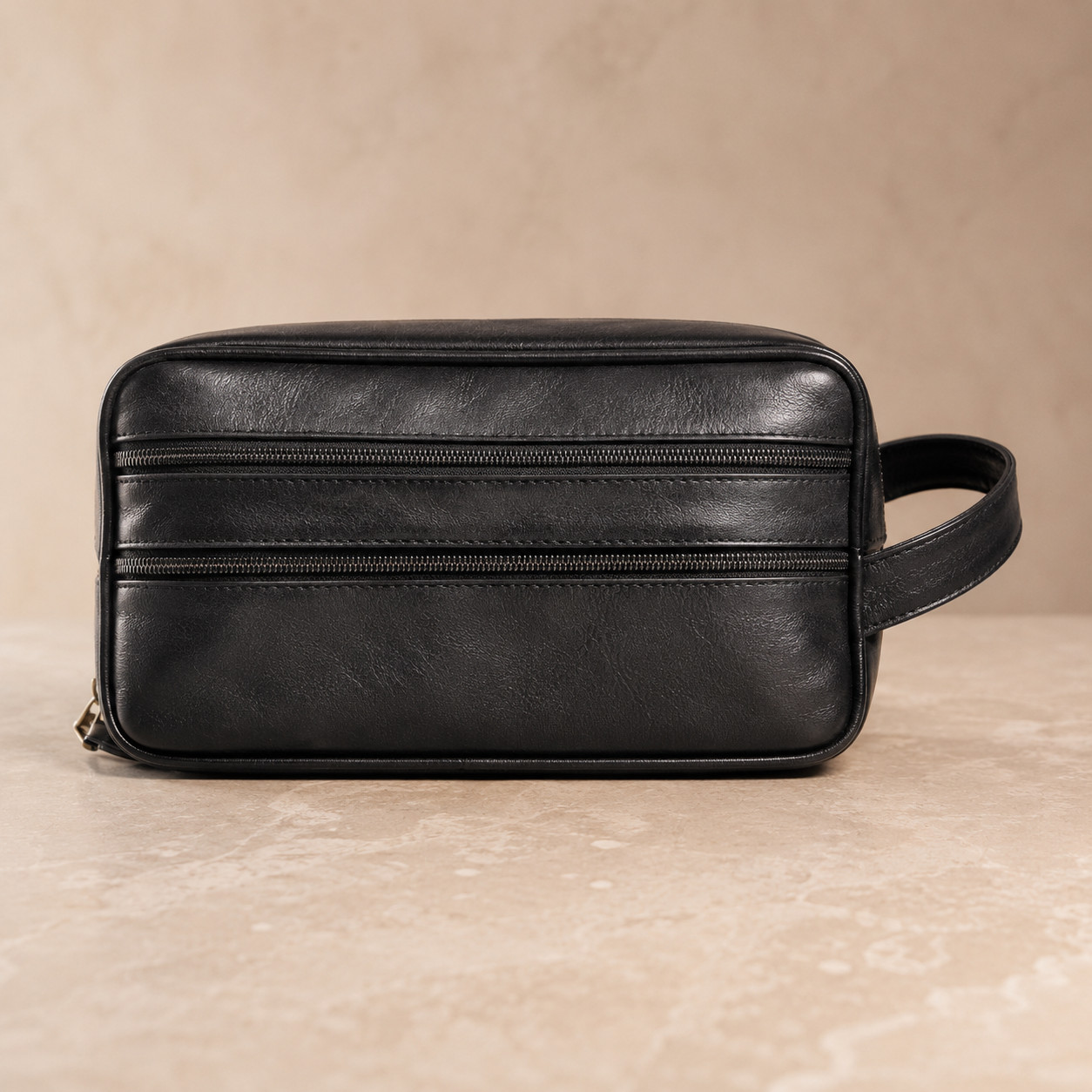 Real Sheep Leather Toiletry Bag Black Travel Dopp Kit 2 Zip New