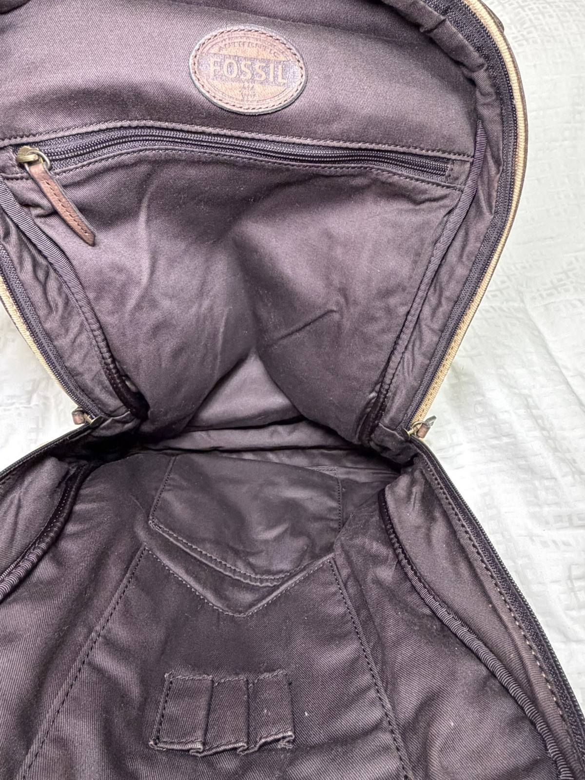 FOSSIL Estate Backpack Rugged Canvas Brown Leather Trim Padded Zip