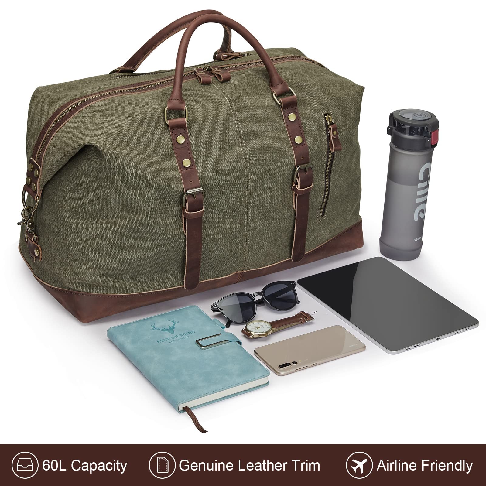 S-ZONE Duffle Bag for Travel Canvas Duffel Carry on X-Large, Army Green