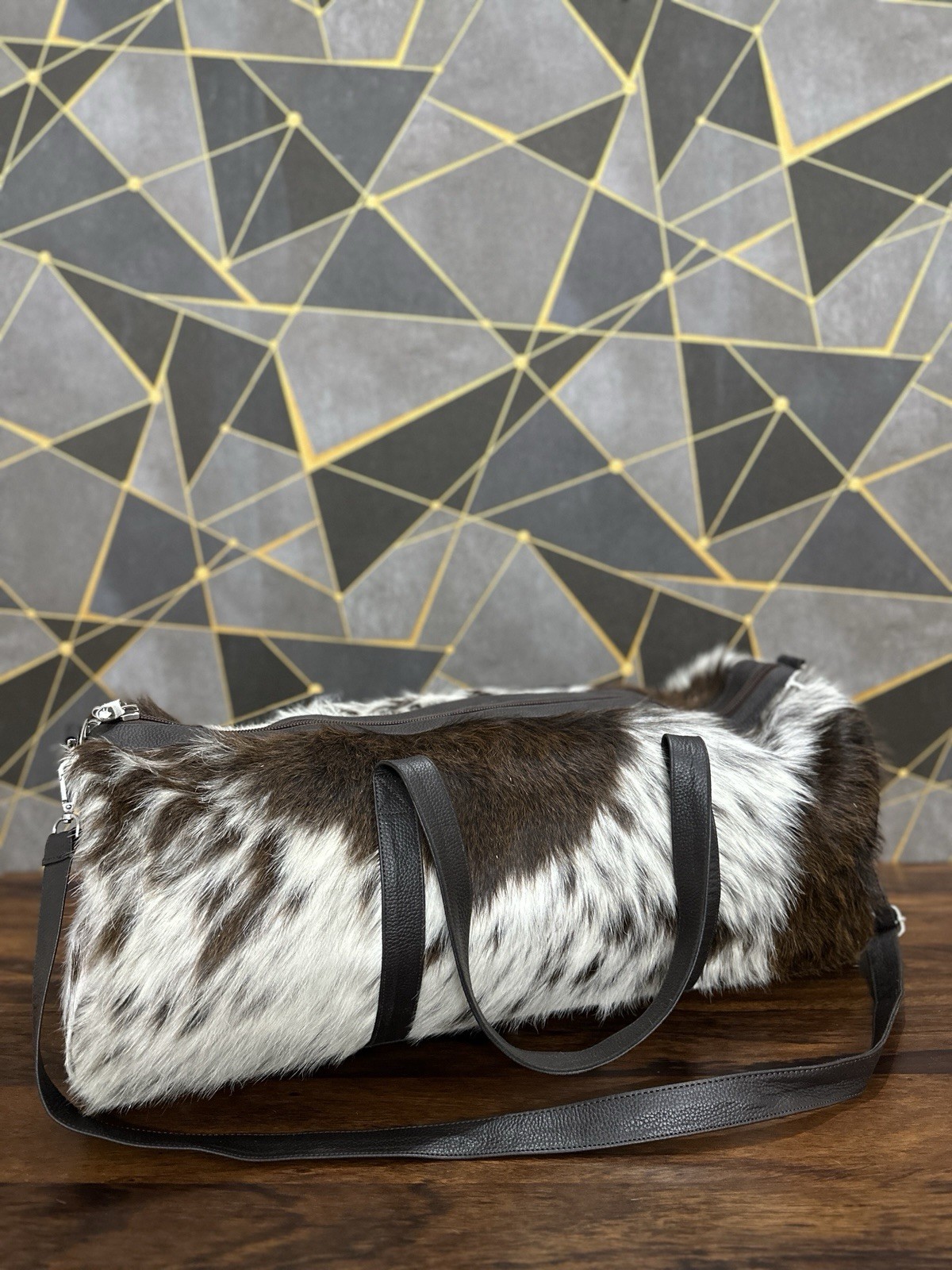 Real Cowhide Duffle Bag, Cowhide Duffle Weekender Black & White Travel Bag Gift