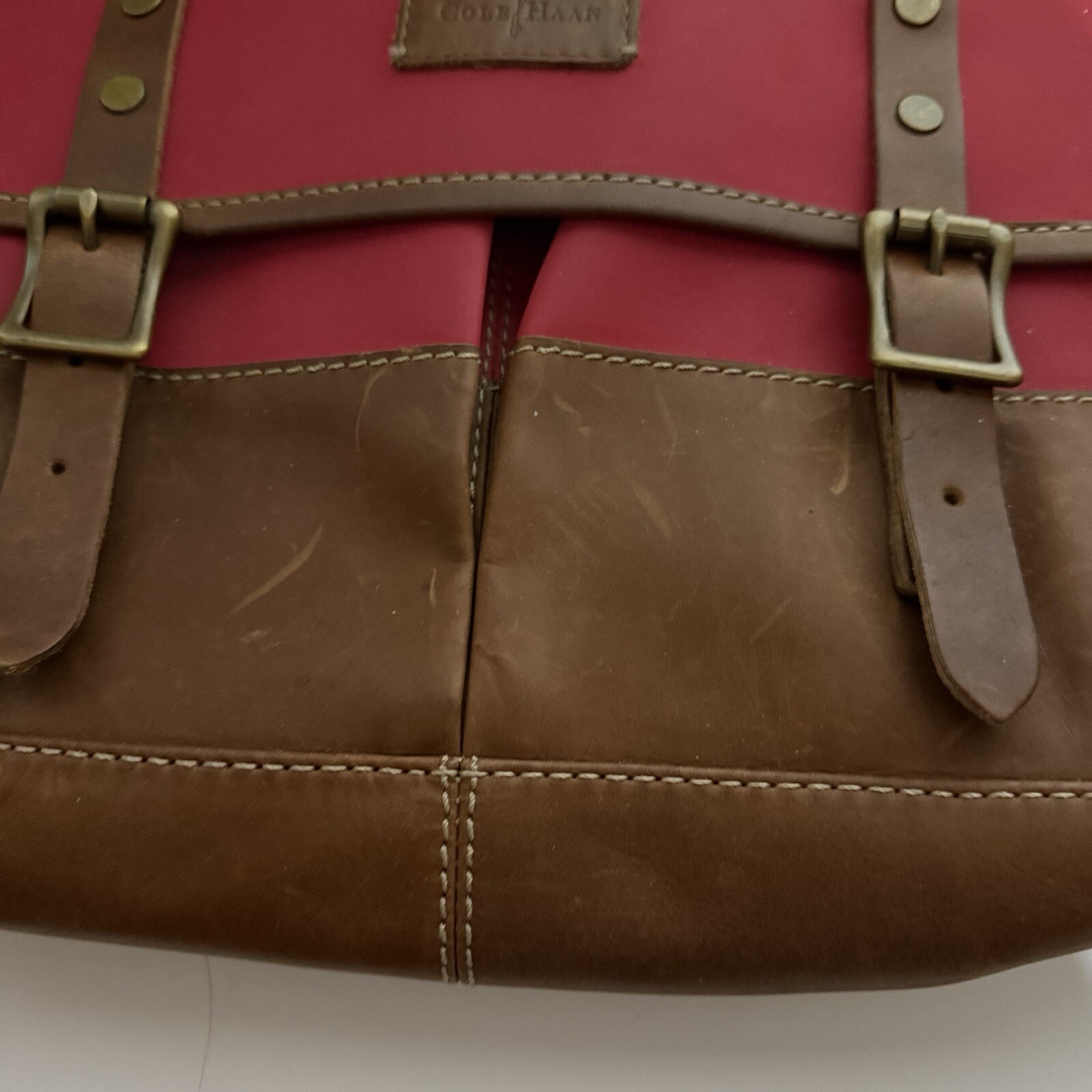 Cole Haan Reflective Leather Messenger Bag Red Brown Canvas Vintage Style