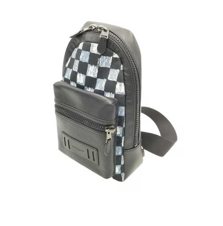 Coach Moto Mini Black Leather With Canvas Blue Checkered Zip Top Backpack