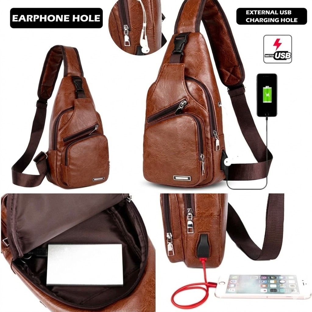Chest Crossbody Bag Sling Backpack for Men with USB Charge Port Brown
